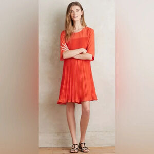 Anthropologie Maeve Edie Swing Dress Red Pleated Knee Length‎ - Size 4